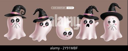 Ghost characters vector set design. Halloween cute ghost character wearing witch hat collection with skittish, scary, spooky and naughty facial Stock Vector