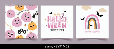 Halloween seamless pattern vector poster set. Happy halloween greeting text with cute pumpkin character, rainbow and bat elements for wallpaper Stock Vector
