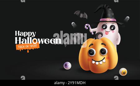 Happy halloween greeting vector design. Trick or treat halloween text with cute pumpkin, funny ghost and flying bat characters in dark black Stock Vector