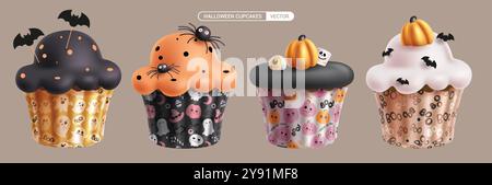 Halloween cupcakes vector set design. Cupcakes halloween 3d cute elements collection with bat, spider and pumpkins cake toppers decoration. Vector Stock Vector
