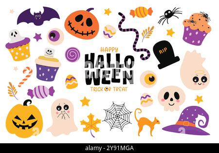 Halloween colorful elements vector set design. Happy halloween with pumpkins, ghost, cup cake, bat and cat flat colorful elements collection isolated Stock Vector