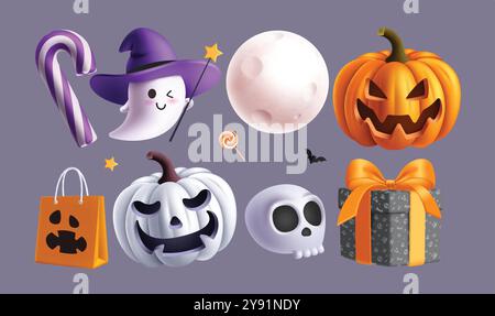 Halloween elements vector set design. Halloween ghost, pumpkins, full moon, skull, gift box and paper bag elements collection in isolated background. Stock Vector