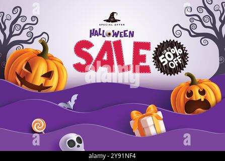 Halloween sale text vector banner design. Halloween special offer text with 50% off discount price and pumpkins decoration elements in paper cut Stock Vector