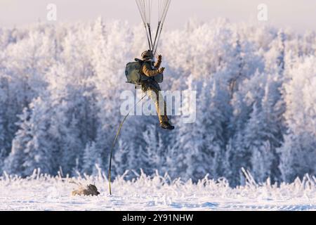 Staff Sgt. Nicholas Waytkus, a tactical air control party specialist assigned to the 3rd Air Support Operations Squadron, descends over Malemute Drop Stock Photo