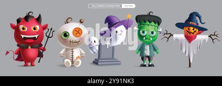 Halloween characters vector set design. Halloween cute character like demon, mummy, ghost, zombie and scarecrow scary collection with happy, funny Stock Vector