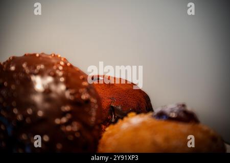 Donuts: jam donuts, donut with chocolate powder spread on top, donut covered with crispy chocolate and nuts. Stock Photo
