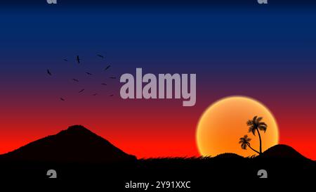 A group of palm tree silhouettes  with sunset background, vector illustration Stock Vector