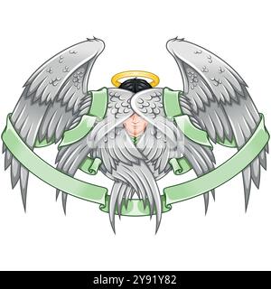 Angel with six wings and ribbon, angelic face of the Catholic religion, archangel and surrounded by heavenly scroll Stock Vector