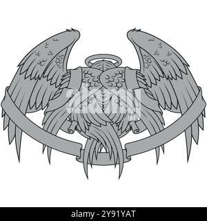 Angel with six wings and ribbon, angelic face of the Catholic religion, archangel and surrounded by heavenly scroll Stock Vector