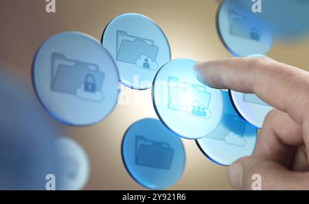 Finger pressing a button floating in the air. Concept of DMS, Document Management System.. Composite image between a hand photography and a 3D backgro Stock Photo