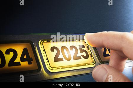 Finger about to press a yellow button with the text 2025. Year two thousand and twenty five concept. Composite image between a hand photography and a Stock Photo