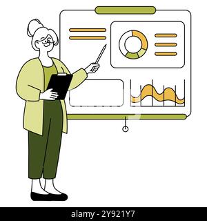 Senior businesswoman presenting data analysis. Professional elder female with charts and figures during a presentation. Vector illustration. Stock Vector