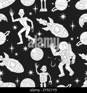 Seamless pattern illustration with retro future space objects, alien, cosmonaut and rocket, line art science fiction concept Stock Vector