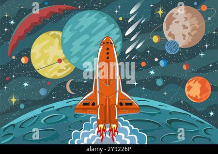 Hand drawn colorful illustration with retro future space rocket, spacecraft, planets, stars and objects, science fiction background Stock Vector