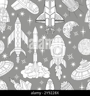 Seamless pattern illustration with retro future space objects, planets and rockets, line art science fiction concept Stock Vector