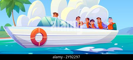 Happy boy with treasure chest on motor boat. Vector cartoon illustration of surprised friends looking at sparkling golden coins in box decorated with gemstone, palm tree on island, adventure voyage Stock Vector