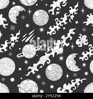 Seamless pattern illustration with retro future space objects, moon and planets, line art science fiction background Stock Vector