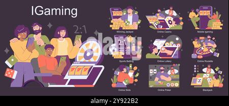 iGaming concept set. Capture the excitement of online gambling with depictions of casino games, sports betting, and slots. Engage with digital betting culture. Vector illustration. Stock Vector