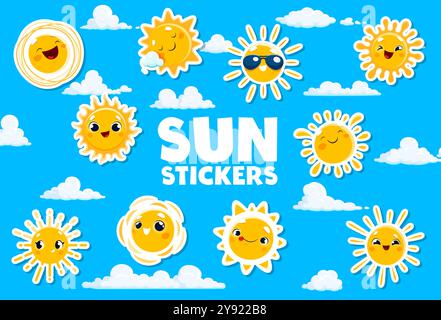 Funny sun characters stickers or cartoon sunny emoji with cute faces, vector icons. Summer sun stickers for kids with cheerful characters, sun sleeping on clouds happy smiling in sunglasses or winking Stock Vector