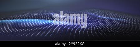 Abstract neon glow blue and purple wireframe 3d wave or mountain map for new retro wave background. Realistic vector futuristic cyber bg with grid topography landscape and wavy geometric surface. Stock Vector