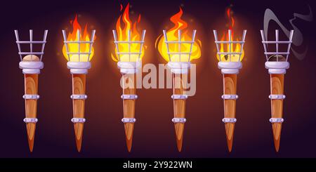 Medieval torch with wooden handle and fire flame with glow and smoke. Game ui asset of unlit, burning and faded ancient torchlight lantern. Cartoon vector illustration set of flambeau lamp with flare. Stock Vector