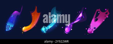 Fantasy asteroid with colorful fire and dust path. Cartoon vector illustration set of fast flying outer space comet with neon glowing tail. Star shower or falling meteorite stone with trail. Stock Vector