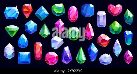 Cartoon crystal gems and jewelry, game asset. Vector jewels, magic crystals, vibrant, shiny gemstone decorations in heart, round, oval, square, rectangular, teardrop, hexagonal and rhombus shapes Stock Vector
