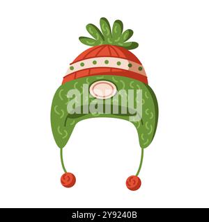 Knitted hat with pompom and strings flat vector object Stock Vector