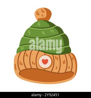 Knitted winter hat with heart flat color vector object Stock Vector