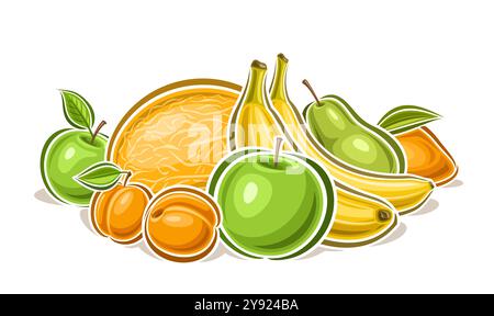 Vector Fruit Logo, decorative horizontal poster with outline illustration of juicy fruits composition with green leaves, cartoon design fruit print wi Stock Vector