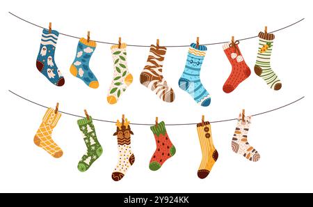 Colorful socks with patterns hanging on clotheslines image Stock Vector