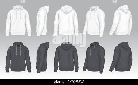 Black and white mockup hoodies realistic illustration set Stock Vector