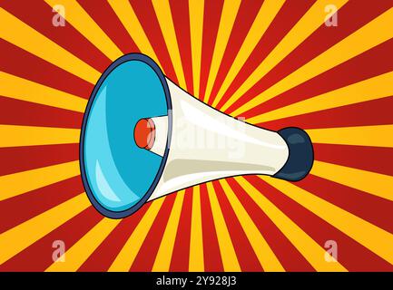 Retro comics, megaphone on the background of diverging rays. Pop art style, vintage. Stock Vector