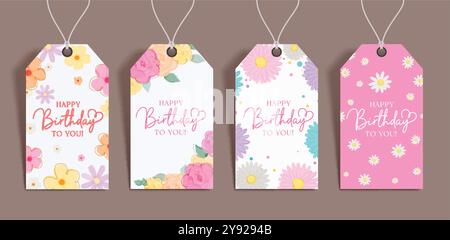 Birthday flowers gift tags vector set design. Happy birthday greeting text in hanging gift tags collection with flowers floral design. Vector Stock Vector