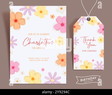 Birthday girl invitation card vector template. Flowers invitation and thank you card set for girl birthday party gift tag template design. Vector Stock Vector