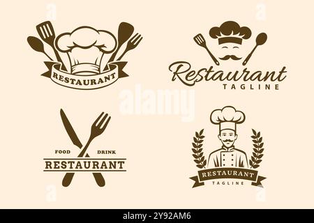 Four vintage restaurant logos featuring chefs, kitchen utensils, and the word 'restaurant.' Stock Vector