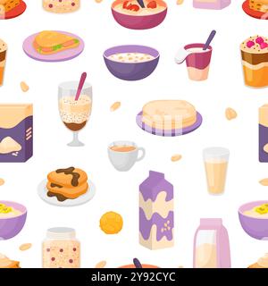 Breakfast food seamless pattern. Oatmeal porridge with berries and fruits, corn flakes in box, plant based milk and shakes. Kitchen style vector Stock Vector