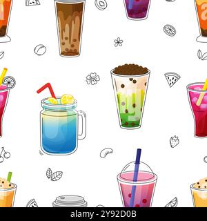 Sweet drinks cocktails seamless pattern. Bubble tea, coffee tonic, fruit juice in jars and glasses. Stylish beverages with toppings vector background Stock Vector