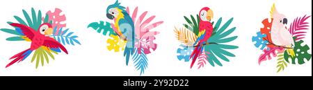 Exotic parrots. Plants and tropical birds, vibrant parrots and different leaves. Brazil australian animals. Bird stickers design, nowaday vector set Stock Vector