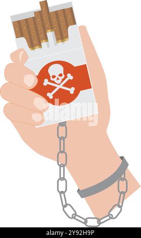 Tobacco abuse concept. Pack of cigarettes chained to hand shackles. No smoking. Rejection, proposal smoke. Vector illustration in flat style. Stock Vector
