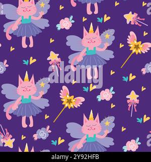Seamless pattern with cute cat. Fairytales animals princess with magic wand. Girlish design. Childrens elements on a dark-blue background. Ornament fo Stock Vector