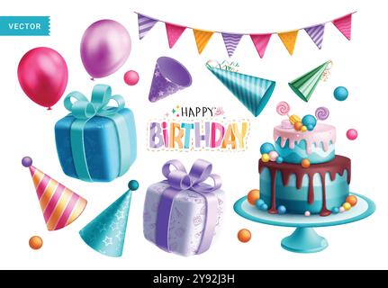 Birthday elements vector collection set design. Happy birthday greeting with blueberry cake, colorful party hat, gift box and balloons decoration Stock Vector