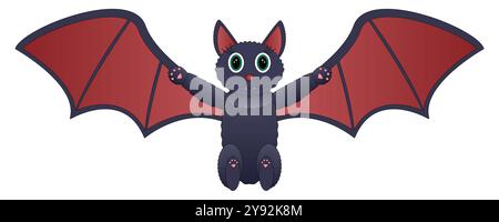 Adorable cartoon bat with red wings, perfect for Halloween-themed designs, kids illustrations, and seasonal projects. Stock Vector