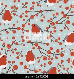 Robin birds and red berries branches, seamless Christmas pattern, winter vector illustration, print on blue background Stock Vector