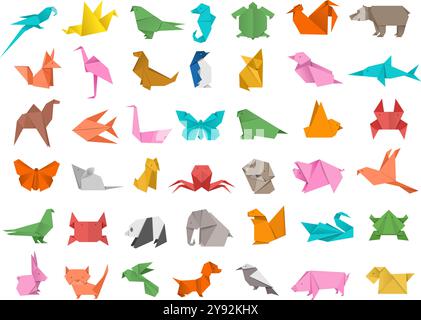 Origami. Traditional asian hobby making animals from cardboard or paper geometric folding shapes recent vector templates Stock Vector