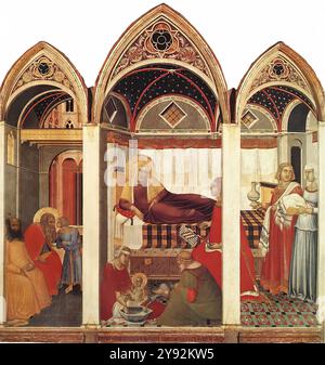 LORENZETTI, Pietro (b. ca. 1280, Siena, d. 1348, Siena)  The Birth of Mary 1342 Tempera on wood, 188 x 183 cm Museo dell'Opera del Duomo, Siena  Formally a triptych, in fact it is a single scene. In the centre St. Anne in a position similar to the Etruscan sarcophags. The composition is Byzantine but the painting as a whole is Italian showing the influence of Giotto.  The framework structure of the panel shows the walls and supporting uprights of a house with the front wall removed. The rooms are shown in convincing perspective, with the anteroom on the left giving access to a tall, Gothic inn Stock Photo