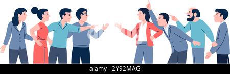 People group in conflict. Arguing between colleagues, aggressive business groups. Women man gesturing shouting, disputing and confrontation, recent Stock Vector