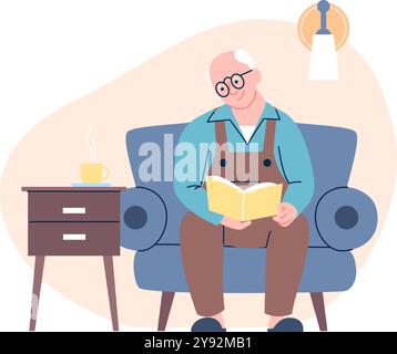 Grandfather reading book. Old man sitting on chair in cozy living room and resting with magazine or periodical. Relaxing time, retirement vector Stock Vector