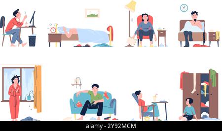 Lazy characters. People sit in bed, sleep in chair, sitting in messy. Tired men and women have depression and apathy. Sedentary lifestyle, recent Stock Vector
