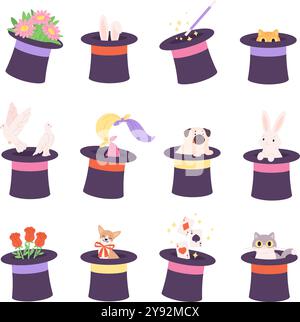 Magic cylinder. Magician cylinders for tricks witn accessories and animals. Bunny ears, dogs cats roses playing cards and handkerchiefs, racy vector Stock Vector